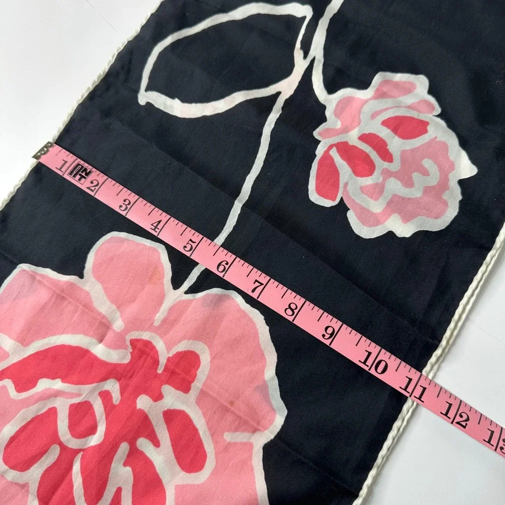 Vtg Vera Neumann Silk? Scarf Black Pink Mod Floral Mid Century Hand Rolled READ